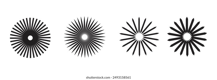 Radial circle lines. Circular radiating lines geometric element. Sun star rays symbol. Abstract geometric shapes. Design element. Vector illustration isolated on white background.