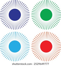 Linhas de círculo radiais. Elemento geométrico de linhas radiantes circulares. Símbolo de raios solares. Formas geométricas abstratas. Elemento de design. Ilustração vetorial isolada sobre fundo branco.
