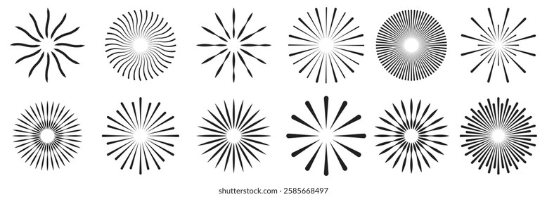 Radial circle lines. Circular radiating lines geometric element. Sun star rays symbol. Abstract geometric shapes. Abstract illusion geometric shapes. 1176