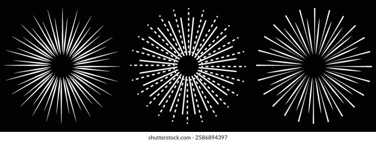 Radial circle lines. Circular radiating lines geometric element. Sun star rays symbol. different shape of radial circle lines vector illustration eps 888.