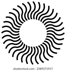 Radial circle lines. Circular radiating lines geometric element. Sun star rays symbol. Abstract geometric shapes. White radial lines of different thickness, as a logo A rotating circle. Design eps 10.