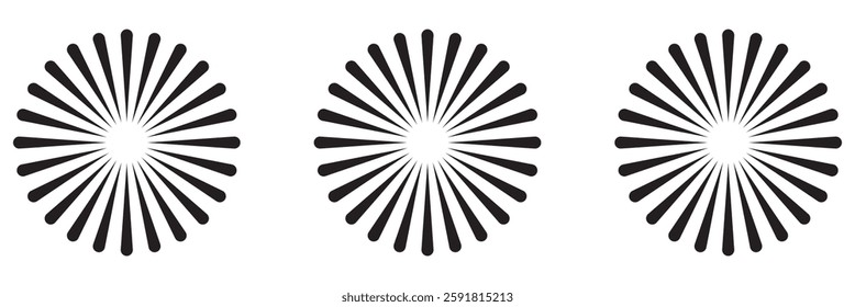 Radial circle lines. Circular radiating lines geometric element. Sun star rays symbol. Abstract geometric shapes. Design element. Vector illustration isolated on white background.