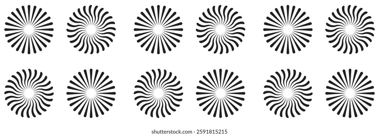 Radial circle lines. Circular radiating lines geometric element. Sun star rays symbol. Abstract geometric shapes. Design element. Vector illustration isolated on white background.