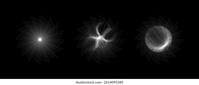 Radial circle lines. Circular radiating lines geometric element. Sun star rays symbol. Abstract geometric shapes. Design element. Vector illustration isolated on white background.
