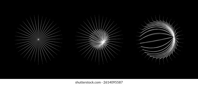 Radial circle lines. Circular radiating lines geometric element. Sun star rays symbol. Abstract geometric shapes. Design element. Vector illustration isolated on white background.
