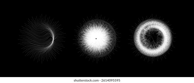 Radial circle lines. Circular radiating lines geometric element. Sun star rays symbol. Abstract geometric shapes. Design element. Vector illustration isolated on white background.
