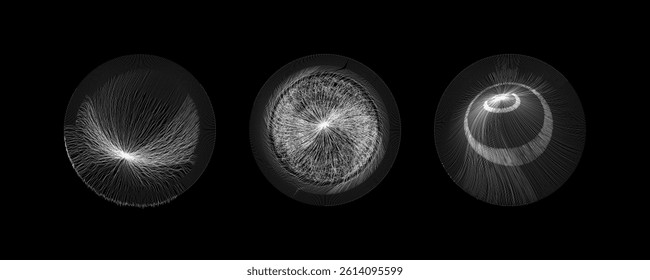 Radial circle lines. Circular radiating lines geometric element. Sun star rays symbol. Abstract geometric shapes. Design element. Vector illustration isolated on white background.
