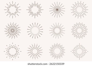 Radial circle lines. Circular radiating lines geometric element. Sun star rays symbol. Abstract geometric shapes. Design element. Vector illustration isolated on white background.