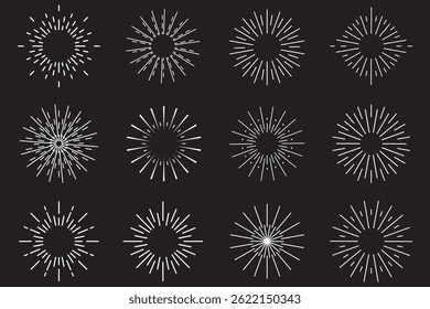 Radial circle lines. Circular radiating lines geometric element. Sun star rays symbol. Abstract geometric shapes. Design element. Vector illustration isolated on white background.