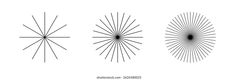 Radial circle lines. Circular radiating lines geometric element. Black sun rays in a circular burst pattern for comic effects