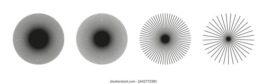 Ícones de linhas circulares radiais. Elementos de linhas circulares definidos. Símbolo dos raios solares. Adesivos de design plano. Fala com padrão de listras irradiantes. Modelos de formas geométricas de ilusão abstrata.