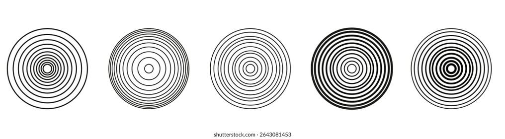 linhas de círculo radial definidas. Concêntrico Padrão de onda de círculo concêntrico irradiando para fora do centro. Sonar ou coleção de anéis de onda de som.