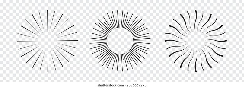 Radial circle lines. Sparkle Circular radiating lines. Sign Sun star rays symbol. Abstract geometric shapes. Variety Design. Vector illustration isolated on white background. EPS10