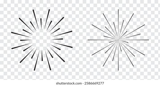 Radial circle lines. Sparkle Circular radiating lines. Sign Sun star rays symbol. Abstract geometric shapes. Variety Design. Vector illustration isolated on white background. EPS10