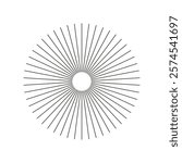 Radial circle lines. Spokes with radiating stripes. Circular lines icon. Symbol of Sun star rays. Flat design element layout. Abstract illusion geometric shape mockup.