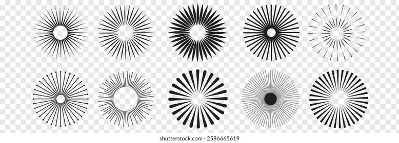 Radial circle lines. Sun and star rays sign symbol. Flat design elements. Spokes with radiating stripes. Abstract illusion geometric shapes. Variety Design. EPS 10