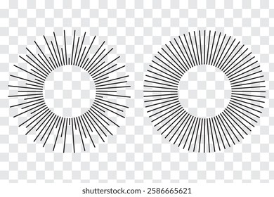 Radial circle lines. Sun and star rays sign symbol. Flat design elements. Spokes with radiating stripes. Abstract illusion geometric shapes. Variety Design. EPS 10