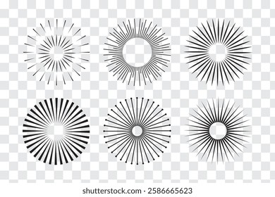 Radial circle lines. Sun and star rays sign symbol. Flat design elements. Spokes with radiating stripes. Abstract illusion geometric shapes. Variety Design. EPS 10