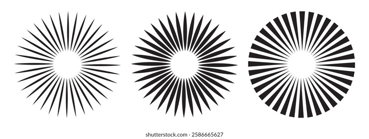 Radial circle lines. Sun and star rays sign symbol. Flat design elements. Spokes with radiating stripes. Abstract illusion geometric shapes. Variety Design. EPS 10