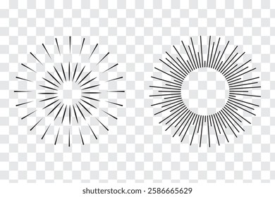 Radial circle lines. Sun and star rays sign symbol. Flat design elements. Spokes with radiating stripes. Abstract illusion geometric shapes. Variety Design. EPS 10