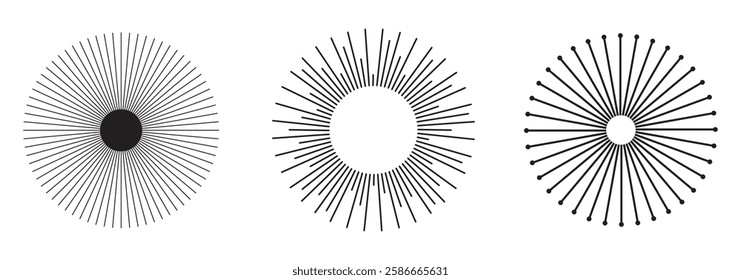 Radial circle lines. Sun and star rays sign symbol. Flat design elements. Spokes with radiating stripes. Abstract illusion geometric shapes. Variety Design. EPS 10