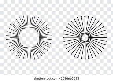 Radial circle lines. Sun and star rays sign symbol. Flat design elements. Spokes with radiating stripes. Abstract illusion geometric shapes. Variety Design. EPS 10