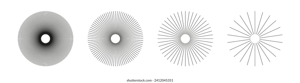 Radial circle lines. Symbol of Sun star rays. Spokes with radiating stripes grid. Set of circular lines elements. Flat design element. Abstract illusion geometric shape. Vector graphic illustration.