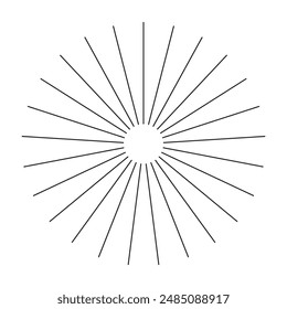 Radial circle lines. Symbol of Sun star rays. Circular lines element. Flat design elements. Spokes with radiating stripes. Abstract illusion geometric shape. Graphic illustration on white background.