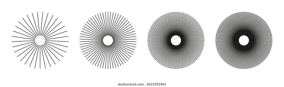 Linhas de círculo radiais. Símbolo dos raios solares. Elementos de linhas circulares.  Conjunto de elementos de design plano. Fala com a coleção de listras irradiantes. Padrões de formas geométricas abstratas.