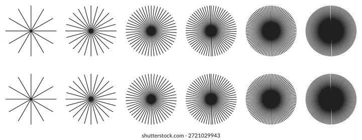 Linhas de círculo radiais. Símbolo dos raios solares. Elementos de linhas circulares. Conjunto de elementos de design plano. Fala com a coleção de listras irradiantes. Padrões de formas geométricas abstratas.