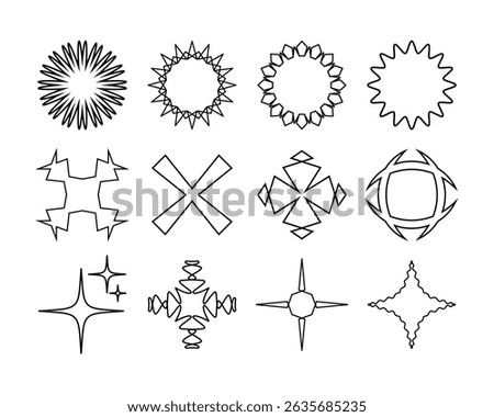 Radial circle lines. Symbol of Sun star rays.  Abstract geometric shapes. Set badges. Vector icon collections. 