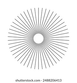 Radial circle lines template. Circular lines graphic element. Symbol of Sun star rays. Flat design element. Spokes with radiating stripes. Abstract illusion geometric shape on a white background.