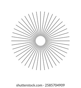 Radial circle lines template. Spokes with radiating stripes. Circular lines flat element. Symbol of Sun star rays. Design minimalist element.  Abstract illusion geometric modern shape.	