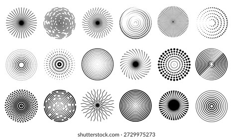 Padrão de círculo radial com redemoinhos geométricos e raios de explosão solar para fundo dinâmico, ilusão óptica e design vetorial futurista. Anéis concêntricos abstratos e meio-tom pontilhado para textura moderna.