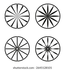 Padrões de círculo radial. Formas de rotação abstrata. Vetor de explosão solar geométrica. Gráfico de roda decorativo.