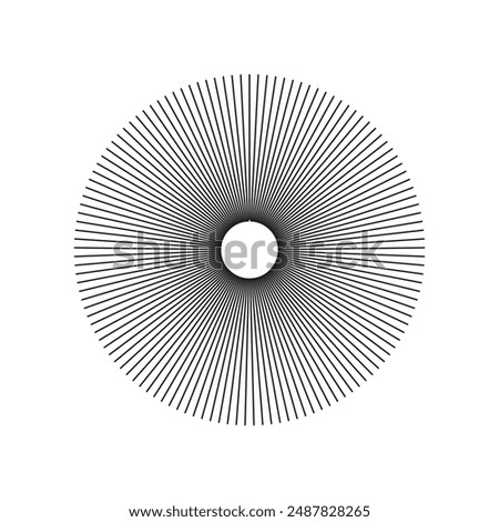 Radial circle radiation lines. Sun star rays, burst. Circulars lines beams. Spokes, radiating stripes grid. Flat graphic template. Abstract illusion geometric pattern isolated on a white background.