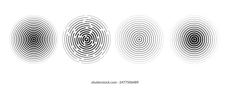 Radialkreissatz. Sonar- oder Schallwellen-Ring-Kollektion. Halbton- und lineares Epizentrum-, Ziel-, Radarsymbolkonzept. Elemente mit gerippten konzentrischen Signalvibrationen. Vektorgrafik Schwarze gestrichelte und gepunktete Symbole