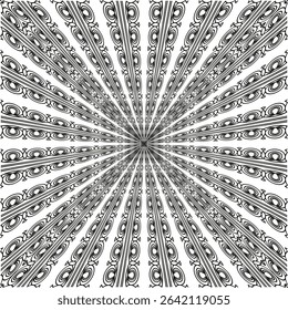 Radial circle texture. Symmetrical abstract design. Concentric line pattern. Vector grayscale shape.