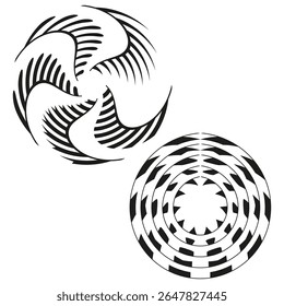 Padrão de círculos radiais. Projeto de anel concêntrico. Elementos circulares vetoriais. Geometria branca e preta.