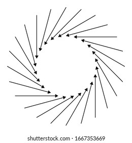 Radial, circular arrow for swirl, twirl, turn concepts. Concentric pointer illustration for revolve, recycle themes. Circulation, tweak cursor design
