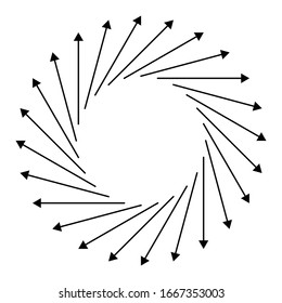 Radial, circular arrows pointing from center. Concentric pointers for extrusion, protrusion themes. Diffuse, dissension, bloat concept cursors illustration
