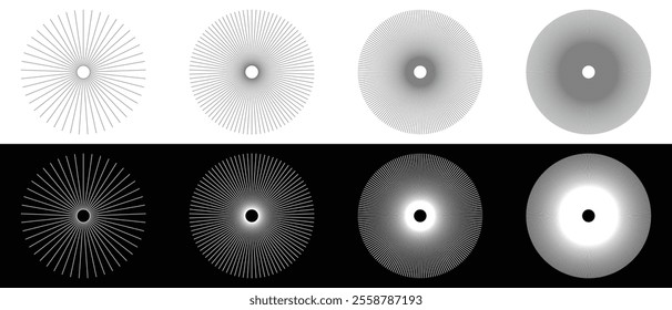 Radial circular lines element. Abstract illusion geometric shape. Editable stroke.