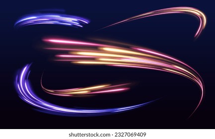 Radial color spirals. Acceleration speed motion on night road. Bright sparkling background. Lines in the shape of a comet against a dark background. The effect of energy and speed. Vector.	
