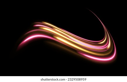 Radialfarbige Spiralen. Beschleunigungsbewegung auf der Nachtstraße. Heller, funkelnder Hintergrund. Linien in Form eines Kometen auf dunklem Hintergrund. Der Effekt von Energie und Geschwindigkeit. Vektorgrafik.	