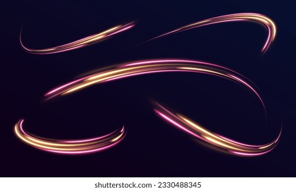 Radial color spirals. Acceleration speed motion on night road. Bright sparkling background. Lines in the shape of a comet against a dark background. The effect of energy and speed. Vector.	