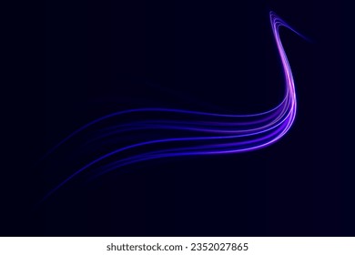 Radialfarbige Spiralen. Beschleunigungsbewegung auf der Nachtstraße. Heller, funkelnder Hintergrund. Linien in Form eines Kometen auf dunklem Hintergrund. Der Effekt von Energie und Geschwindigkeit. Vektorgrafik.