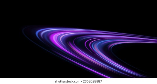 Radial color spirals. Acceleration speed motion on night road. Bright sparkling background. Lines in the shape of a comet against a dark background. The effect of energy and speed. Vector.