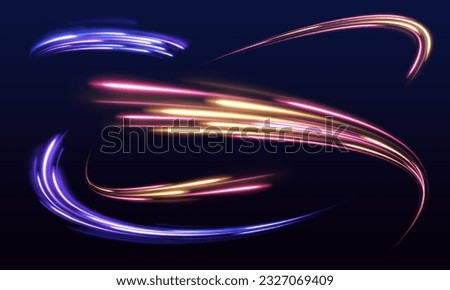 Radial color spirals. Acceleration speed motion on night road. Bright sparkling background. Lines in the shape of a comet against a dark background. The effect of energy and speed. Vector.	