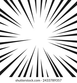 Radial comic book, speed lines sunburst. Pop art style exploding rays of light in black and white.