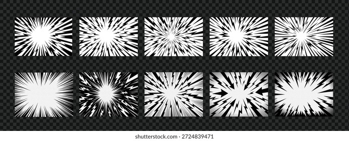 A radial comic cartoon background with thunder anime line burst effect creating explosive energy and motion. Thunder anime bg set adds light, flash and power for manga or hero scenes.